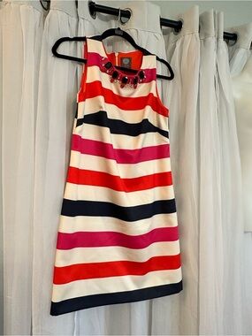 Vince Camuto Women’s Striped Sleeveless Dress w/ Jewel Neck-Red Pink Navy, Cream